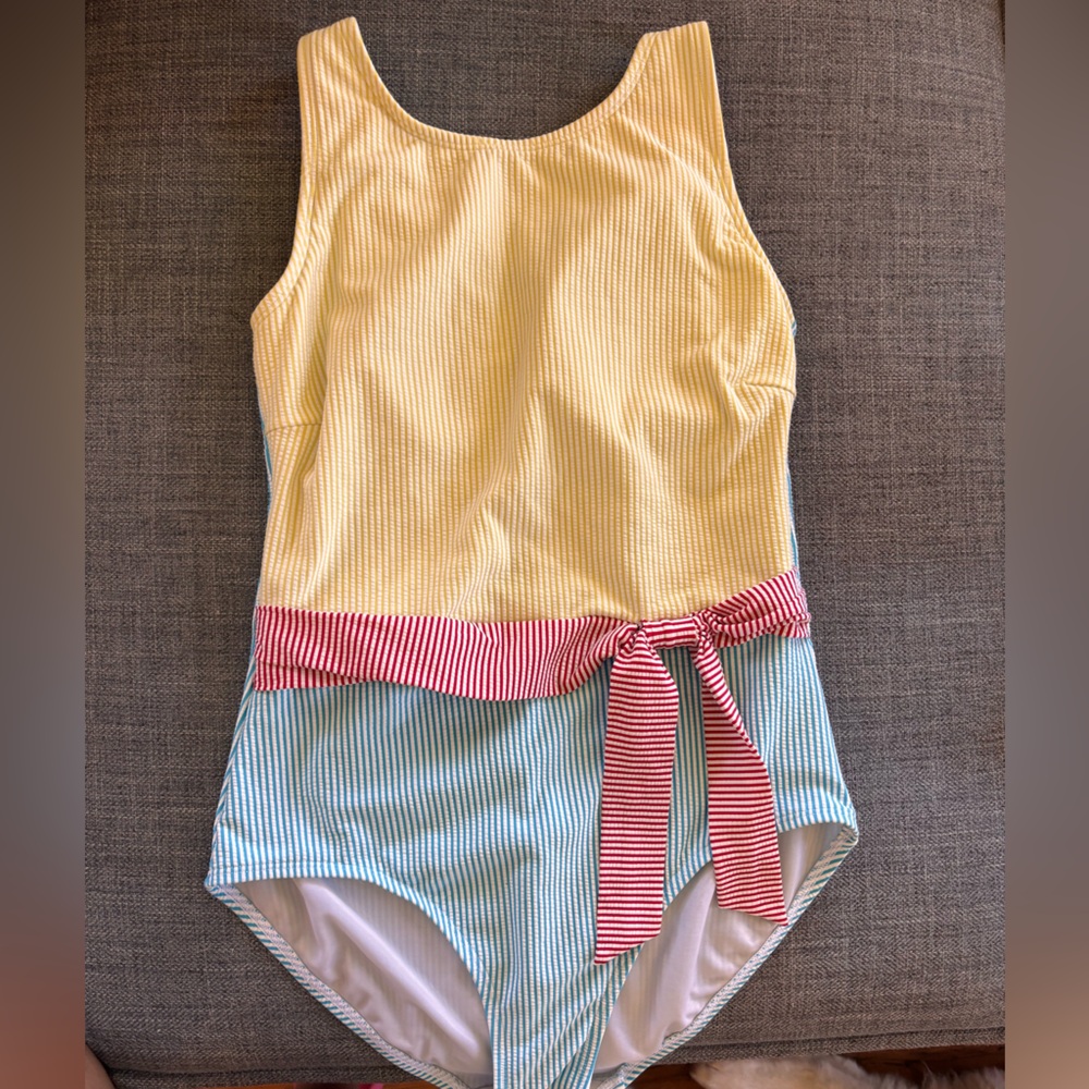 Lands' End Yellow and Blue Striped Swimsuit